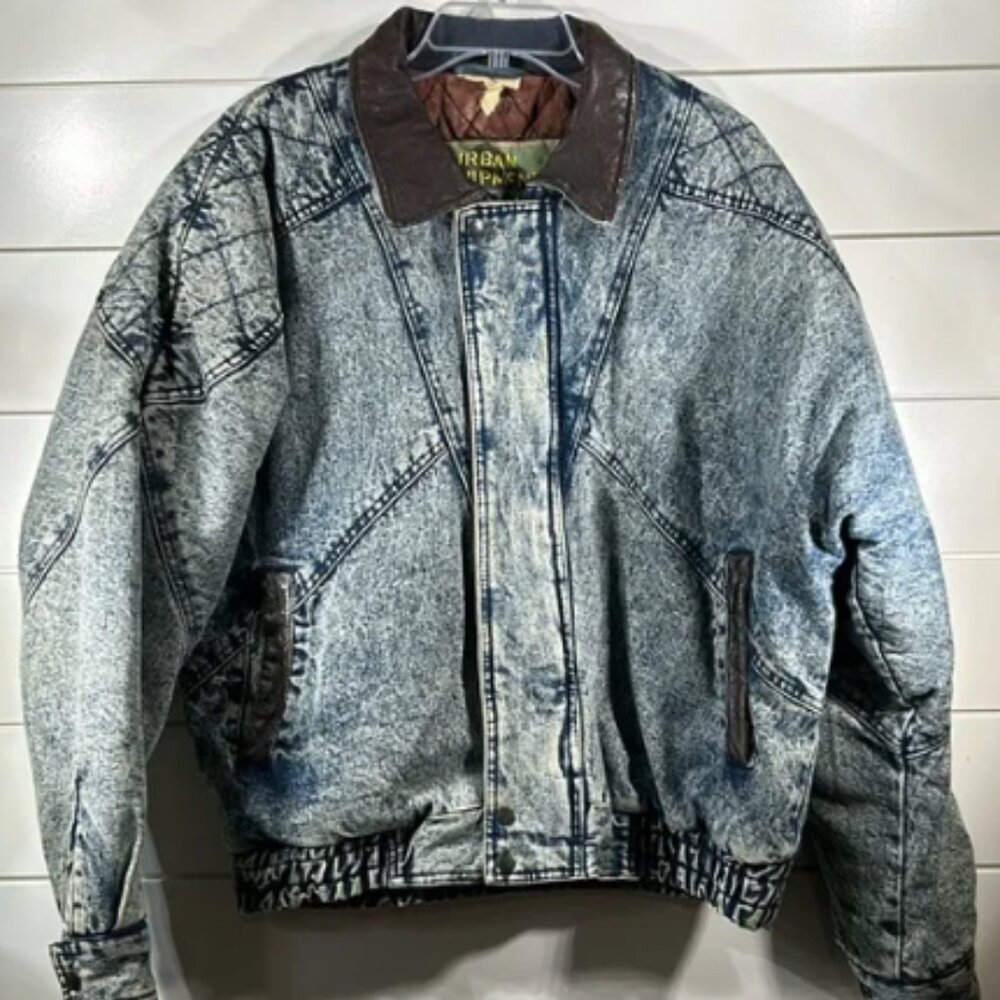 VTG 80s 90s Urban Equipment Acid Wash Denim Coat Leather Trim Oversized XL